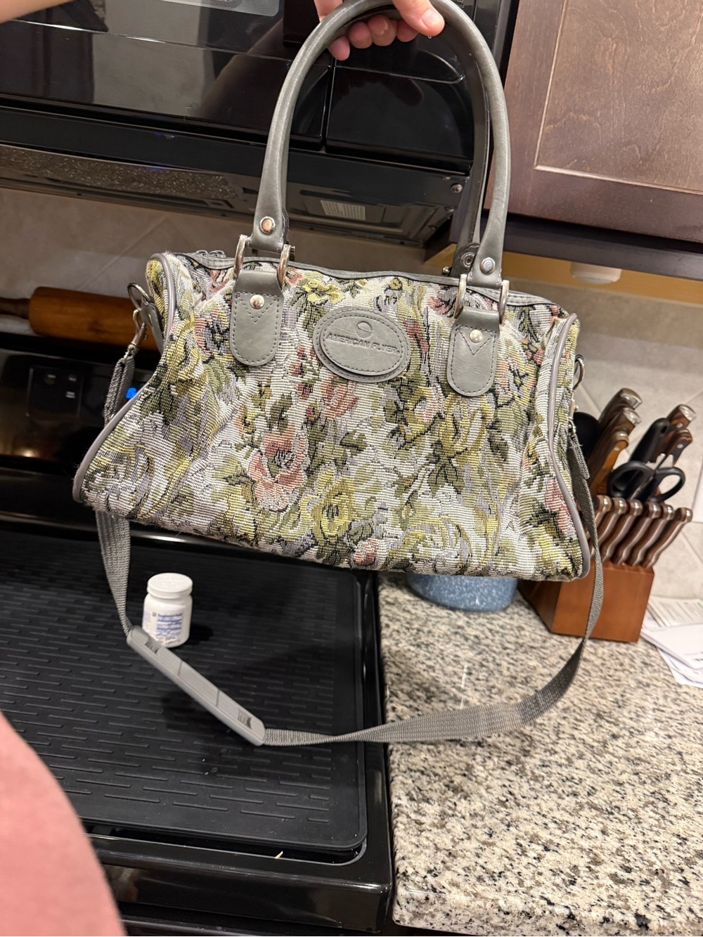 charming vintage American Flyer floral tapestry travel bag